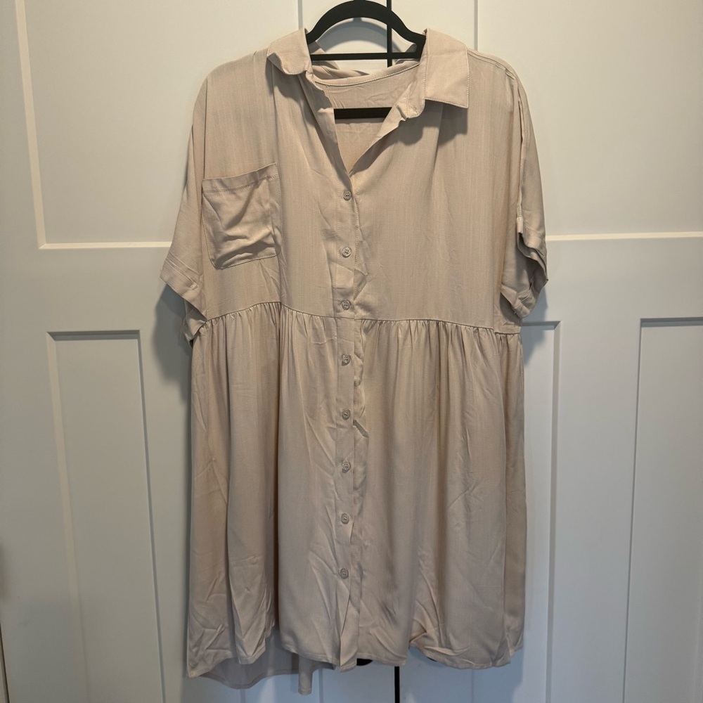 Beige Button-Up Shirt Dress - ONE SIZE